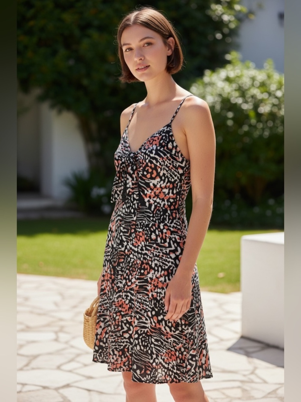 Aritzia Black Orange Abstract Print Smocked Mini Dress XS/S